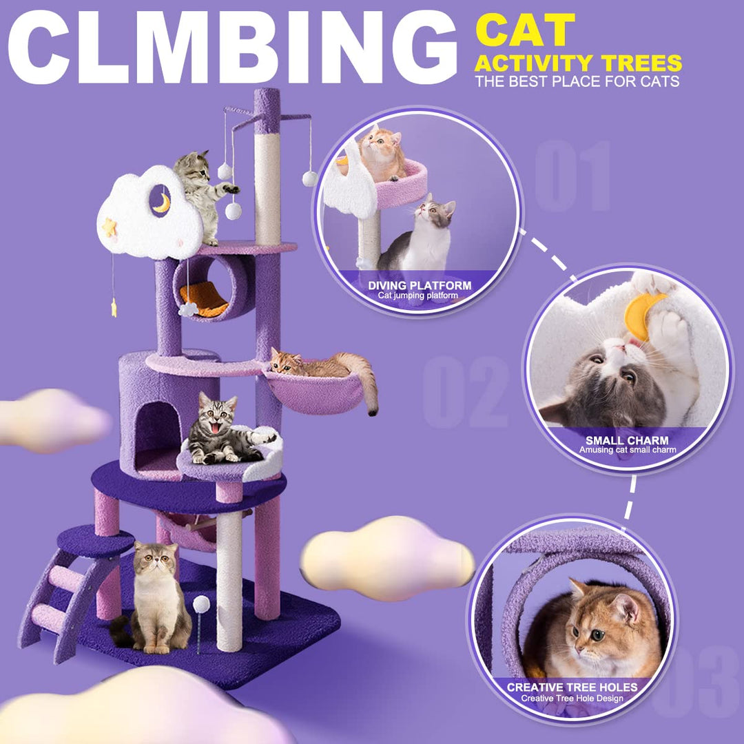 Multi-Level Cat Tower, Cute Purple Cat Tree for Large Cats 67 Inches Cat Condos for Indoor Cats Kitten House with Scratching Posts & Hammock, Pet Cat Castle with Comfortable Plush