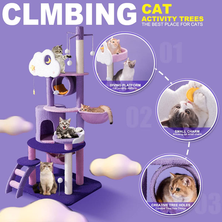 Multi-Level Cat Tower, Cute Purple Cat Tree for Large Cats 67 Inches Cat Condos for Indoor Cats Kitten House with Scratching Posts & Hammock, Pet Cat Castle with Comfortable Plush