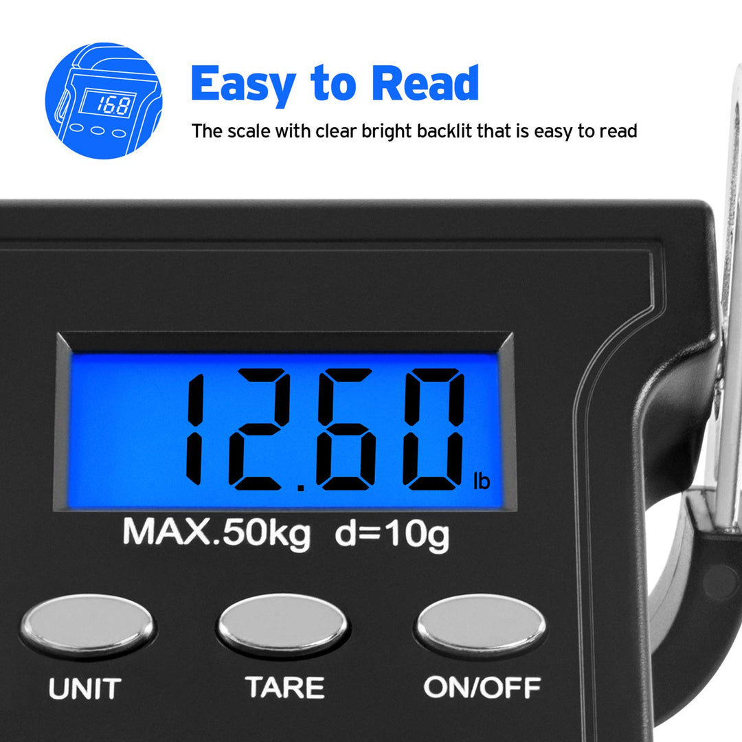 Fishing Scale with Backlit LCD Display, 110lb/50kg Digital Electronic Hanging Hook Scale with Batteries and Carry Pouch Included, Black, Non-Slip Handle
