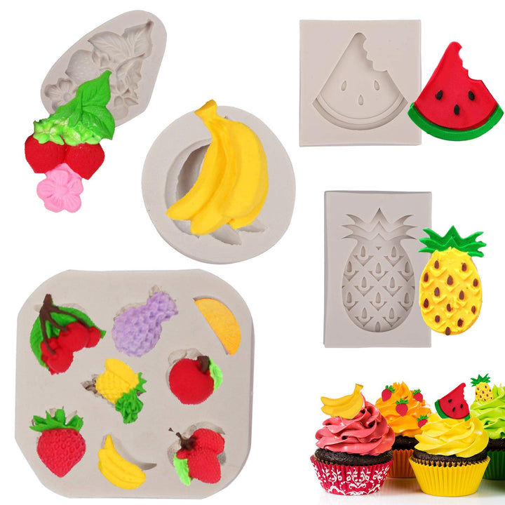 5 Pack Fruit Shaped Silicone Fondant Mold Handmade Candy Jelly Bakeware Pineapple Banana Watermelon Strawberry Chocolate Mould 3D Summer Fruit Ice Mold for Soap Cake Cupcake Topper Decoration