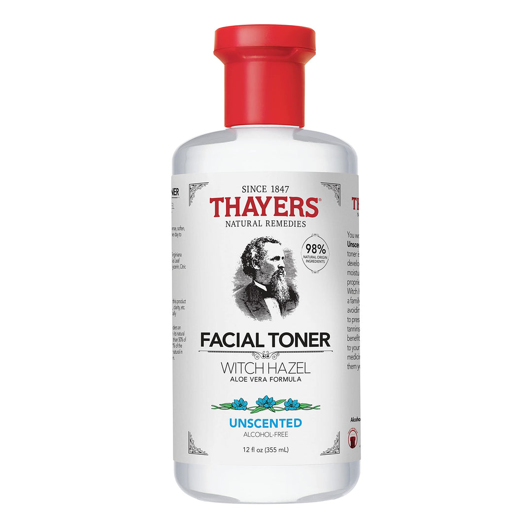 Alcohol-Free, Hydrating, Unscented Witch Hazel Facial Toner with Aloe Vera Formula, Vegan, Dermatologist Tested and Recommended, 12 Oz