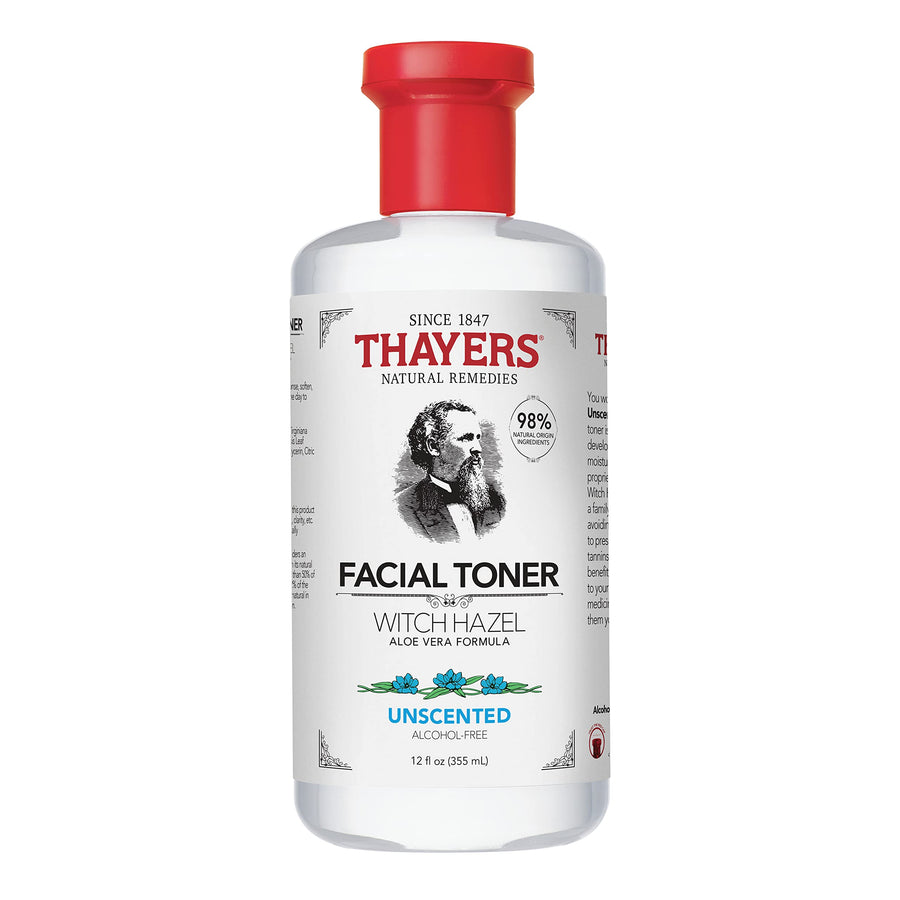 Alcohol-Free, Hydrating, Unscented Witch Hazel Facial Toner with Aloe Vera Formula, Vegan, Dermatologist Tested and Recommended, 12 Oz