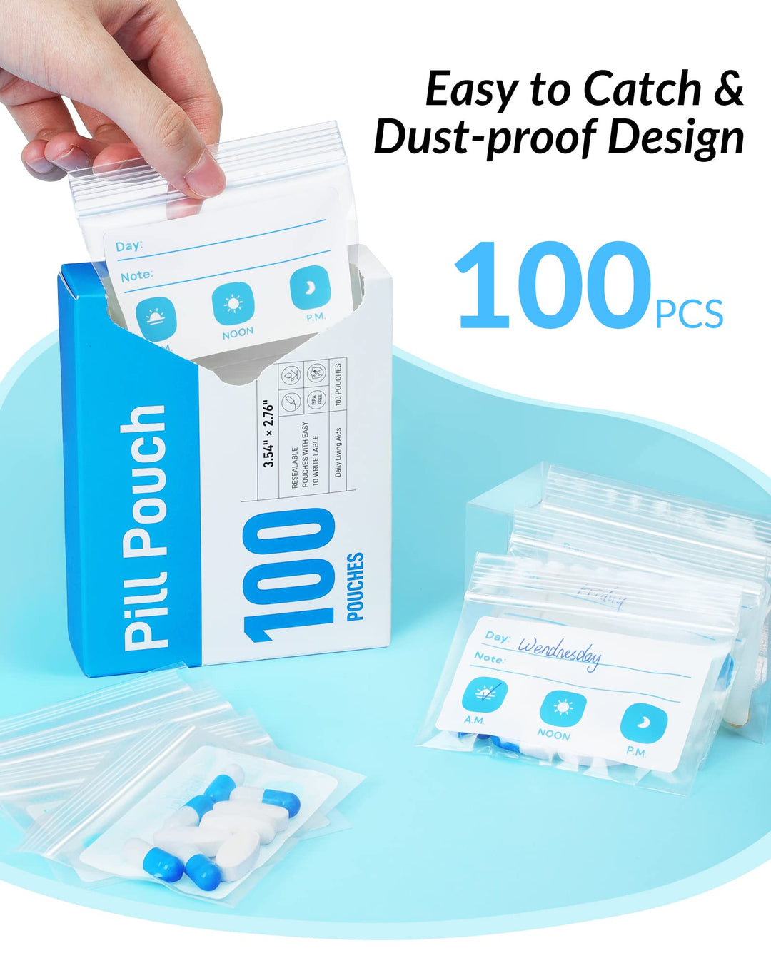 Pill Bags for Travel, Reusable Pill Pouches BPA Free 2.75 x 3.54, Daily Medicine Bags with XL Capacity for 24 Fish Oils, Vitamin Organizer with Customizable Write-on Area (100 Count)
