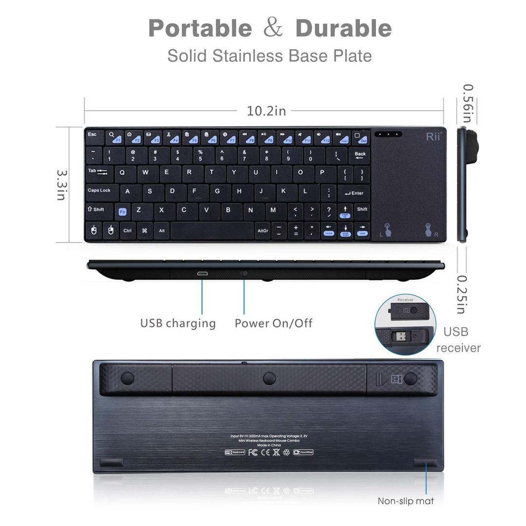K12+ Mini Wireless Keyboard with Large Touchpad Mouse&Qwerty Keypad, Stainless Steel Portable Wireless Keyboard with USB Receiver for MacBook/iPad/Tablet/PC/Laptop/Smart TV/Raspberry Pi - Black