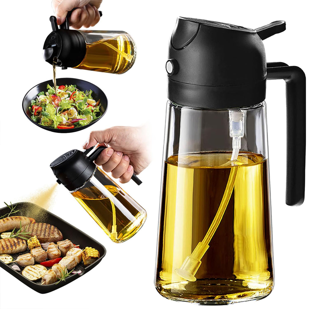 16oz/470ml Glass Olive Oil Sprayer for Cooking - 2 in 1 Olive Oil Dispenser for Kitchen Gadgets, Air Fryer, Salad, and BBQ - Black