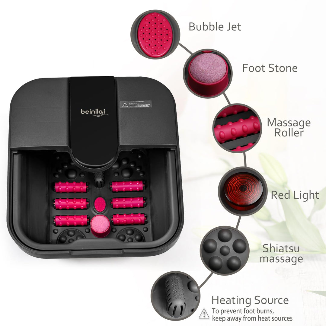 Collapsible Foot Spa,Foot Bath with Heat and Massage and Bubble Jets,Foot Soak Tub with Six Non Motorized Foot Rollers,Acupressure Massage Points,Red Light and Removable Pumice Stone