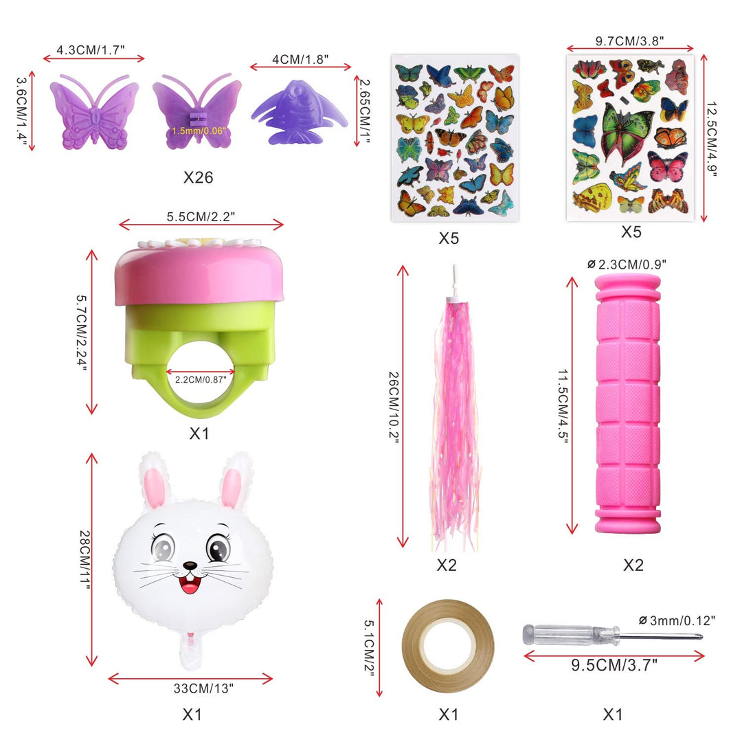 Bike Accessories for Kids Girls Bike Bicycle Decorations Including Pink Bike Handlebar Grips, Bike Streamers, Butterfly Bike Wheel Spokes, Flower Bell and Stickers,Rabbit Balloon