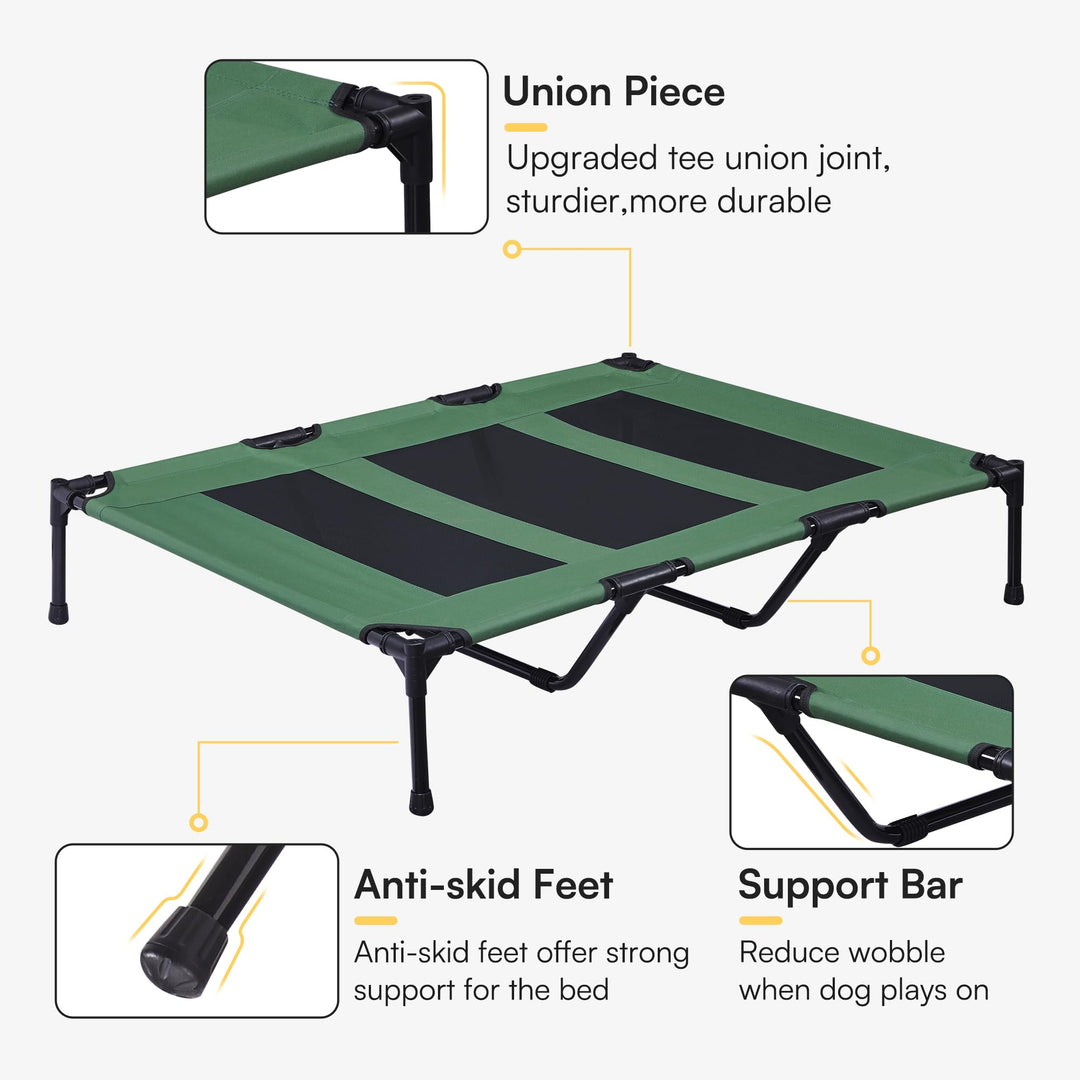 XLarge Outdoor Dog Bed, Elevated Pet Cot with Canopy, Durable Oxford Fabric, Extra Carrying Bag, for Camping or Beach - Green