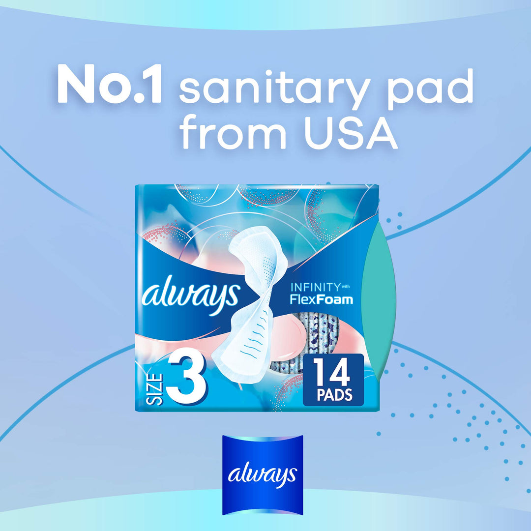Infinity Size 3 Feminine Pads with Wings, Extra Heavy Flow Absorbency, Unscented, 14 count