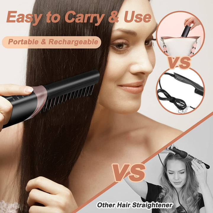 Cordless Hair Straightener Brush, Rechargeable Portable Heated Comb Mini Straightening Brush for Women and Mens Beard Home Travel Lightweight Carry-Along Hot Comb
