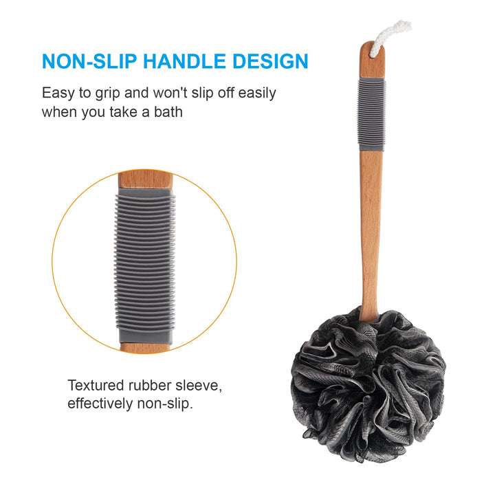 Shower Sponge Loofah Back Scrubber, PE Soft Mesh Loofah Body Scrubber with Long Wooden Handle, Bath Sponge for Men Women (Black)