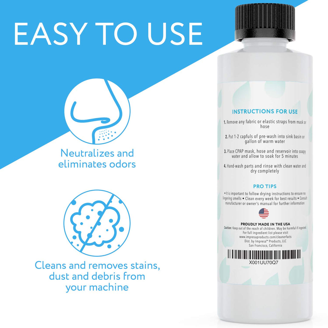 8 Ounce CPAP Pre-Wash - Scent-Free/Dye-Free Soap - Neutralizes Odors - Prewash Compatible with All Pap Equipment and Sanitizer/Sanitizing Machine - Made in The USA
