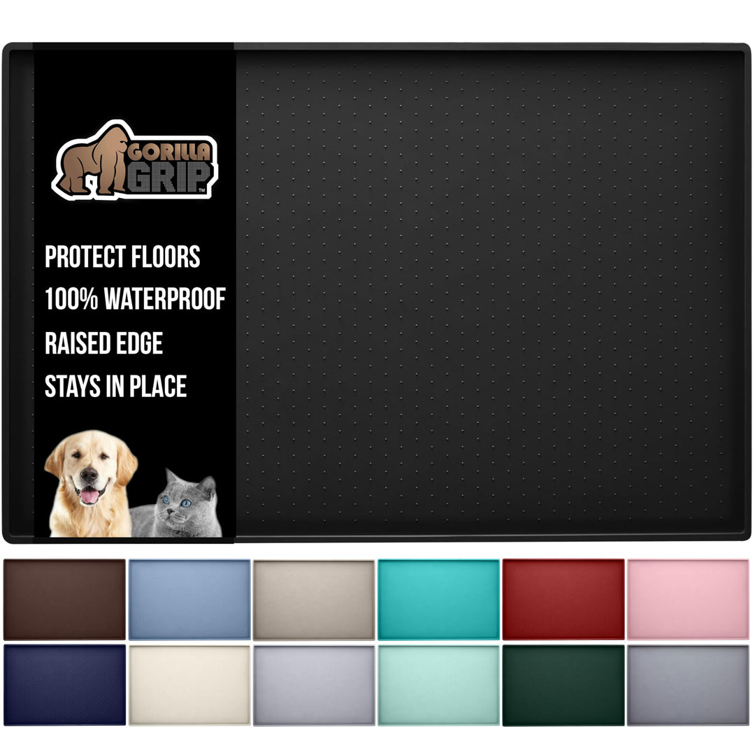 100% Waterproof Raised Edge BPA Free Silicone Pet Feeding Mat, Dog Cat Food Mats Contain Spills Protects Floors, Placemats for Cats and Dogs Water Bowl, Pets Accessories 18.5x11.5 Black
