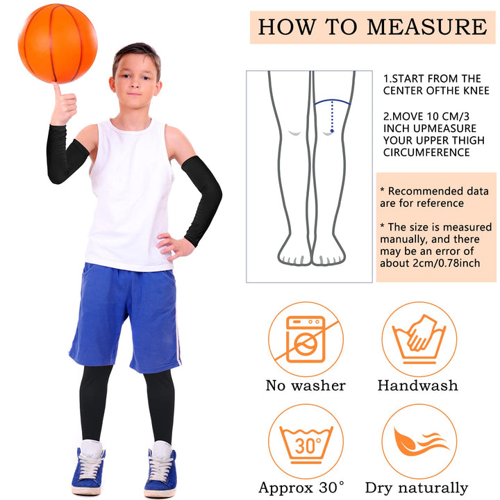 4 Pairs Kids Leg Sleeves Compression and Arm Sleeves Youth Leg Sleeves Arm Wraps for Cycling Basketball Sports (Black, Medium)