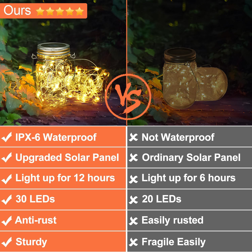 Upgraded Hanging Mason Jar Solar Lights, 6 Pack 30 LEDs Fairy Lights with Jars and Hangers, IPX6 Waterproof Hanging Solar Lights Outdoor, Solar Lanterns for Balcony Backyard Garden Fence Decor
