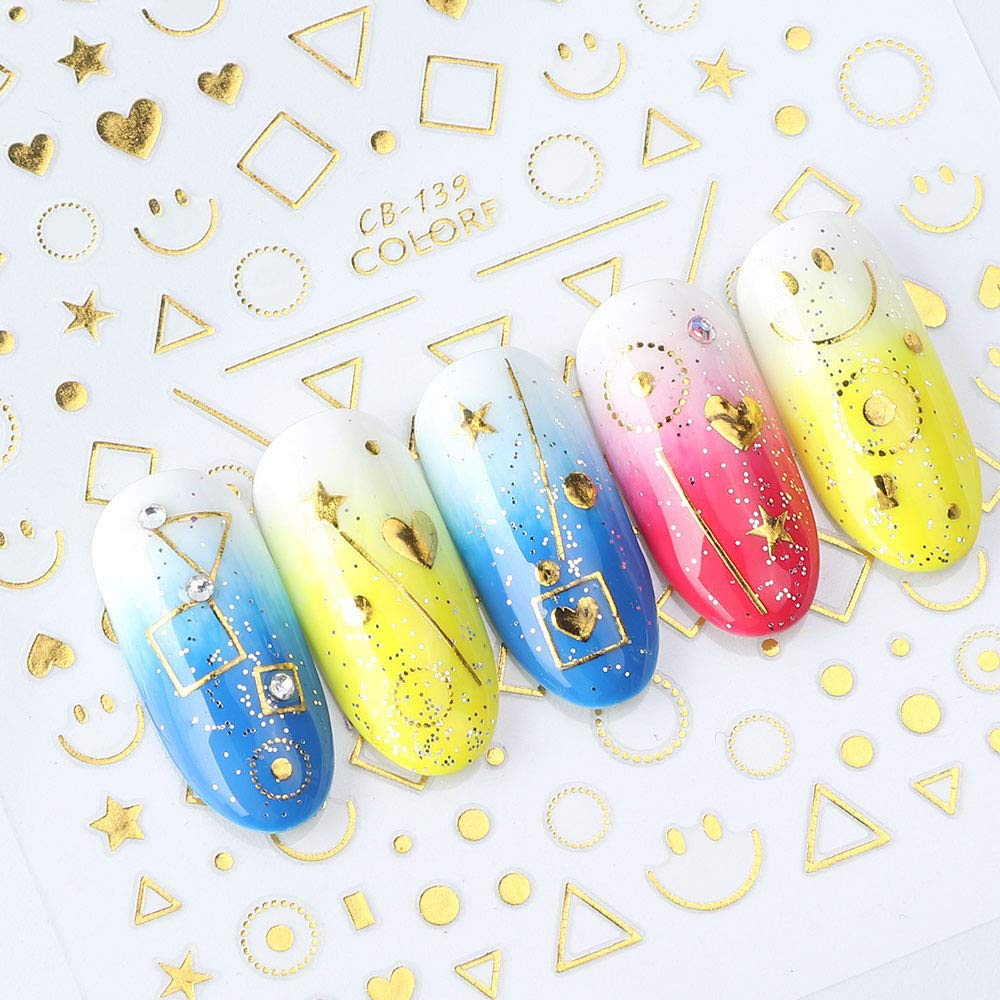 8Sheets Self-ahesive 3D Design Nail Art Stickers Decals Gold Silver Metallic Studs Moon Stars Geometry Pattern Manicure DIY Decoration Tools
