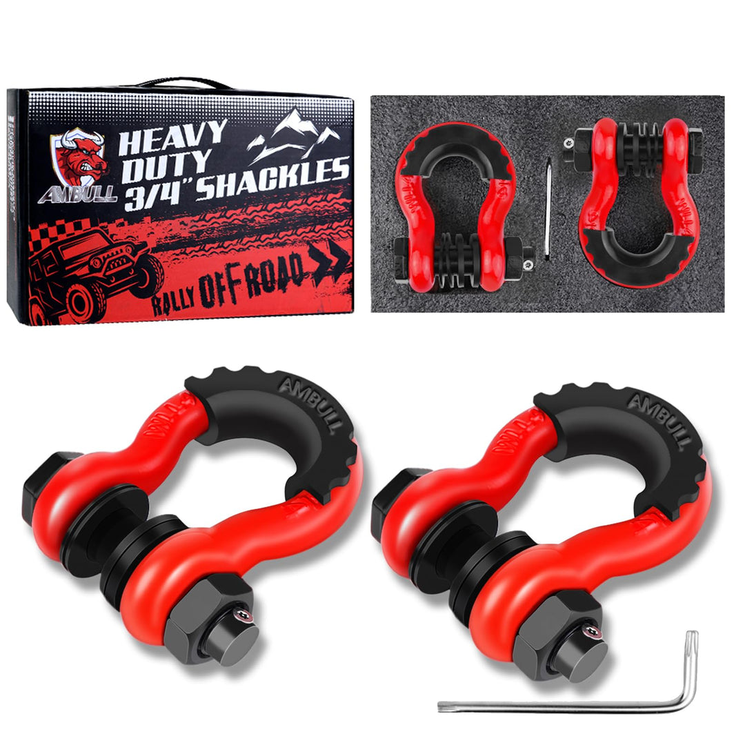 Shackles 3/4 D Ring Shackle (2 Pack) 45,000lb Break Strength with 7/8 Pin, Anti Theft Security Screws, Isolator & Washer Kits for Use with Tow Strap Winch Truck Vehicle Recovery, Red