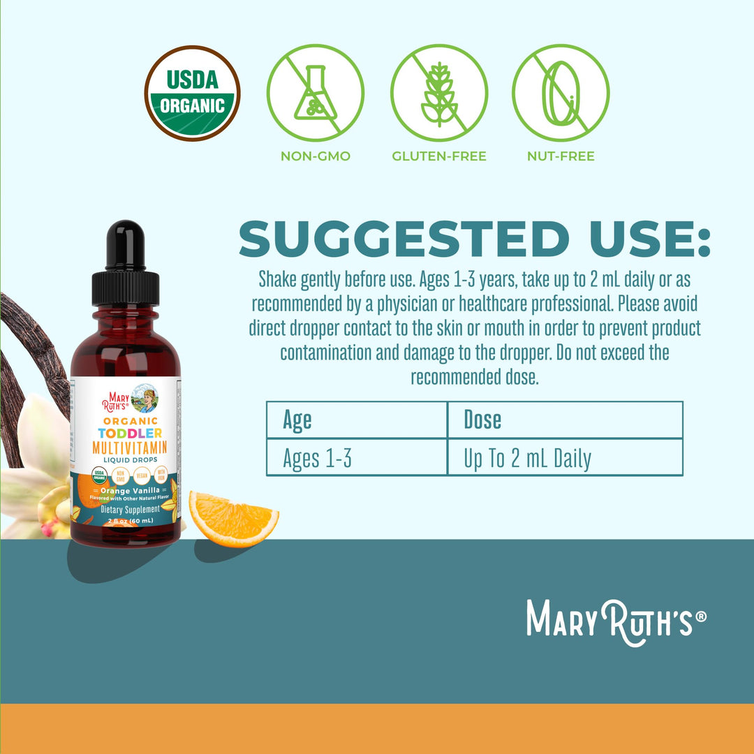 Multivitamin & Multimineral with Iron for Toddlers | USDA Organic | Sugar Free | Multivitamin Liquid Drops for Kids Ages 1-3 | Immune Support | Vegan | Non-GMO | 2 Fl Oz