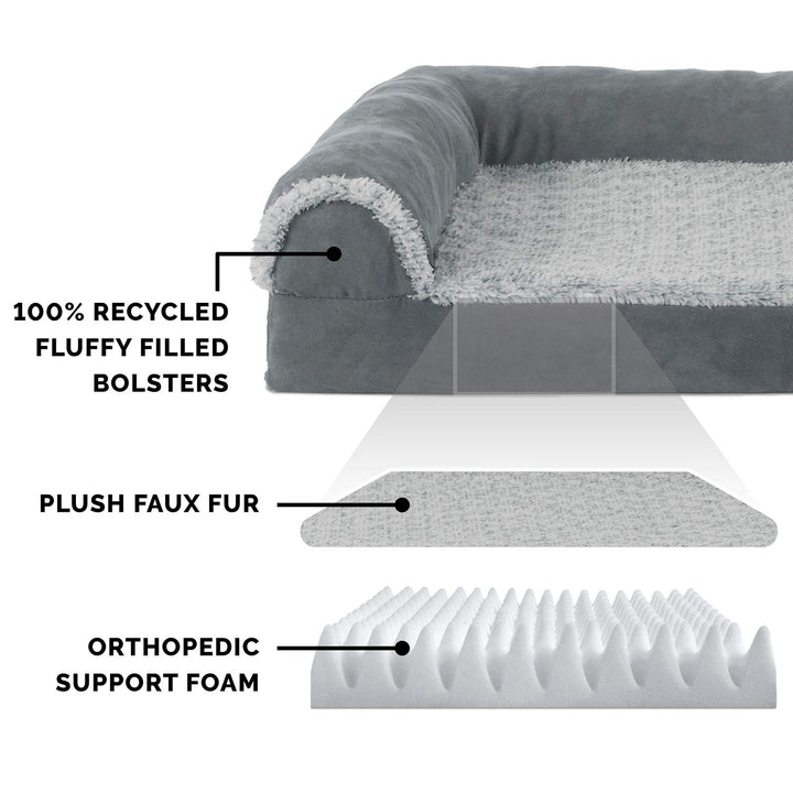 Orthopedic Dog Bed for Large Dogs w/ Removable Bolsters & Washable Cover, For Dogs Up to 95 lbs - Two-Tone Plush Faux Fur & Suede L Shaped Chaise - Stone Gray, Jumbo/XL