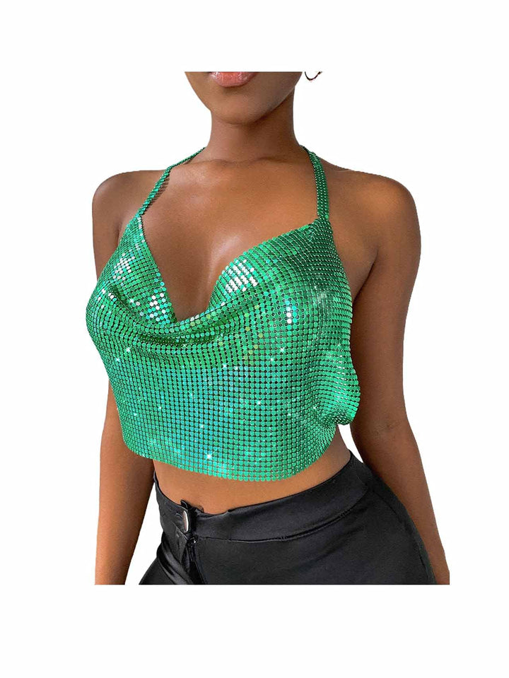 Sprkly Sequins Body Chain V Neck Green Halter Backless Chest Bra Bikini Chains Sexy Party Rave Nightclub Body Accessories Jewelry for Women and Girls