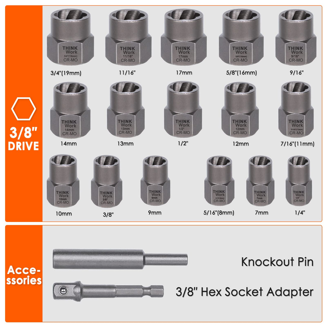 Bolt Extractor Kit, 18 Pieces Bolt Extractor Set, Stripped Bolt Extractor for Removing Damaged, Frozen, Rusted, Rounded-Off Bolts, Nuts & Screws
