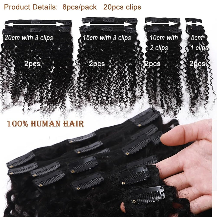 Afro Kinky Curly Hair Clip In Human Hair Extensions3A/ 3B /3C 100% Human Natural Black Color Hair Clip Ins Full Head Brazilian Virgin Remy Hair 8PC/Set 100G for Black Women (16INCH/40CM)