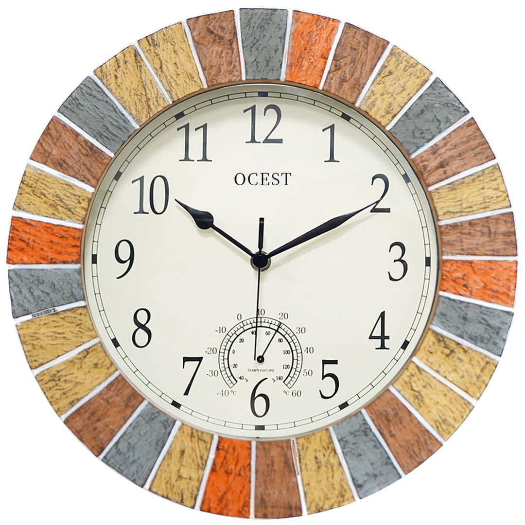 13 Inch Large Outdoor Indoor Clock, Waterproof Wall Clock with Thermometer, Weather-Resistant Non-Ticking Battery Operated Decor Clock for Patio, Pool, Lanai, Fence, Porch, Garden (Yellow)