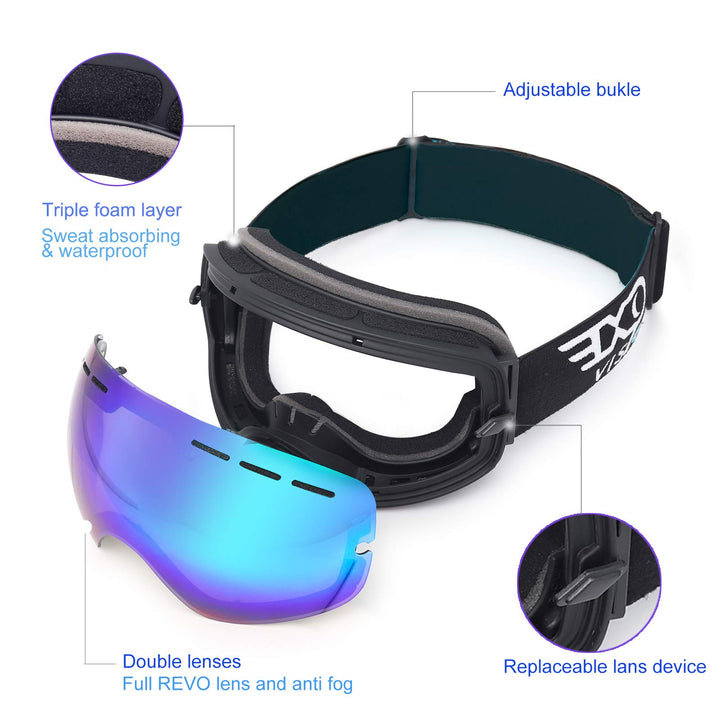 Snowboard Ski Goggles Men Women Youth, Anti Fog OTG Winter Snow Goggles Spherical Detachable Lens (Green)