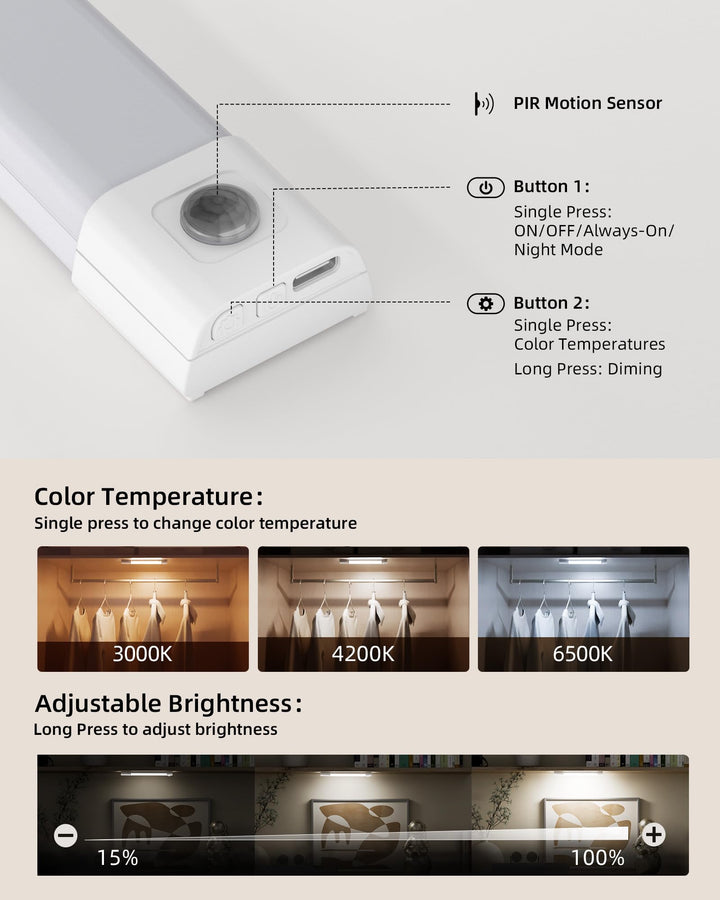 Under Cabinet Lights, Wireless Rechargeable Motion Sensor Light Indoor, Dimmable Led Closet Light Battery Operated Under Cabinet Lighting, Under Counter Lights for Kitchen, Wardrobe 3500K(Warm)