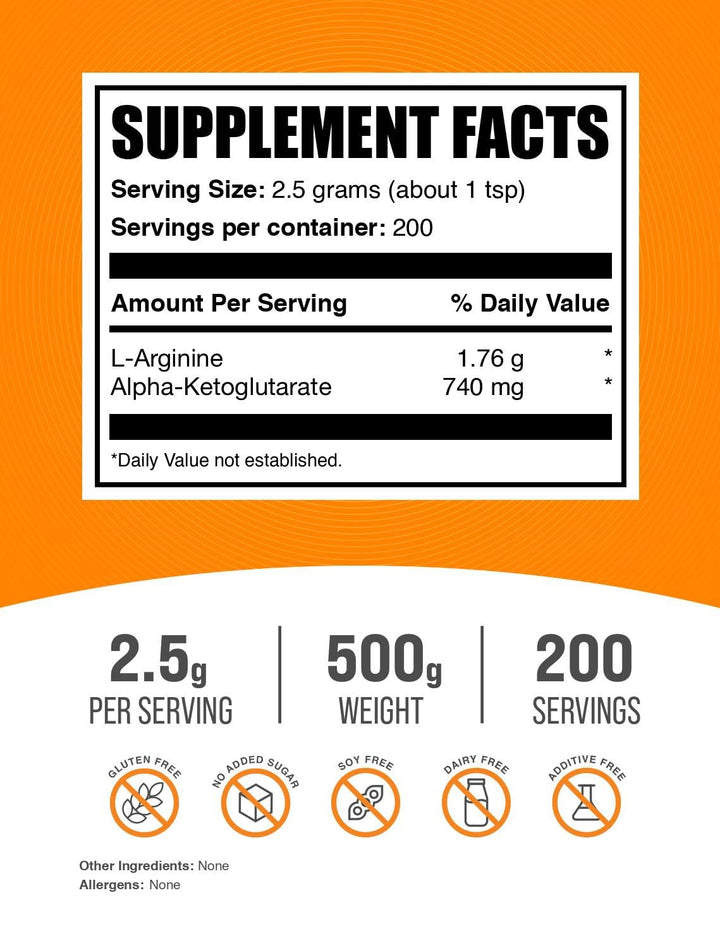 .com AAKG Powder - Arginine AKG Supplement,Nitric Oxide Supplement - Unflavored & Gluten Free, 2.5g per Serving, 500g (1.1 lbs) (Pack of 1)