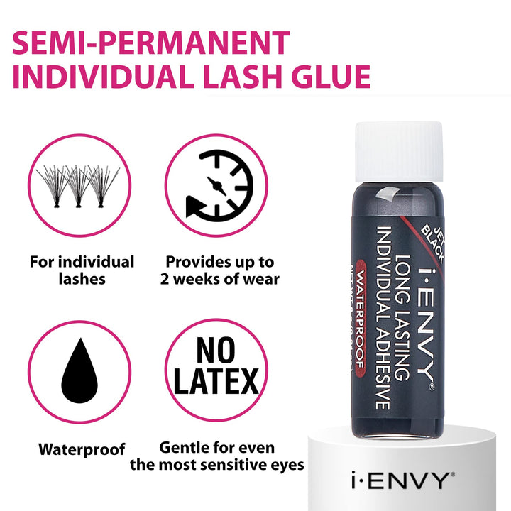 iENVY Individual Cluster Semi-Permanent Lash Glue, Strong Hold & Long-Lasting Waterproof, Easy to Use, Latex Free, Perfect for Sensitive Eyes (Jet Black)