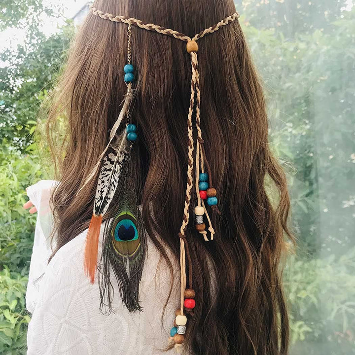 Indian Peacock Feather Headbands Boho Princess Head Chain Bule Adjust Headdress Handmade Rope Hair Accessories for Women and Girls (G)