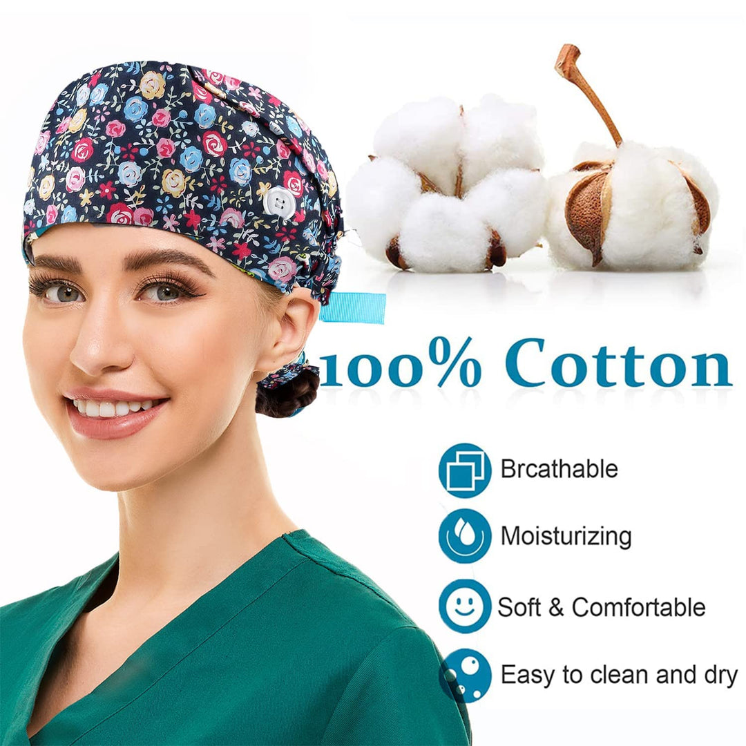 Working Cap with Buttons and Sweatband Adjustable Ribbon Tie Ponytail Hats for Women,Long Hair Head Covers Hair Caps (Blue Butterfly)…