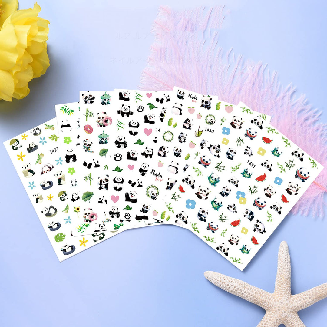 Panda Nail Art Stickers, Cartoon Bear Nail Self-Adhesive Sticker Design, Holographic Cute Bear Flowers Leaf Nail Art Decals Supplies for Women Girls Manicure Animal Decoration Resin Pet Transfer Decal