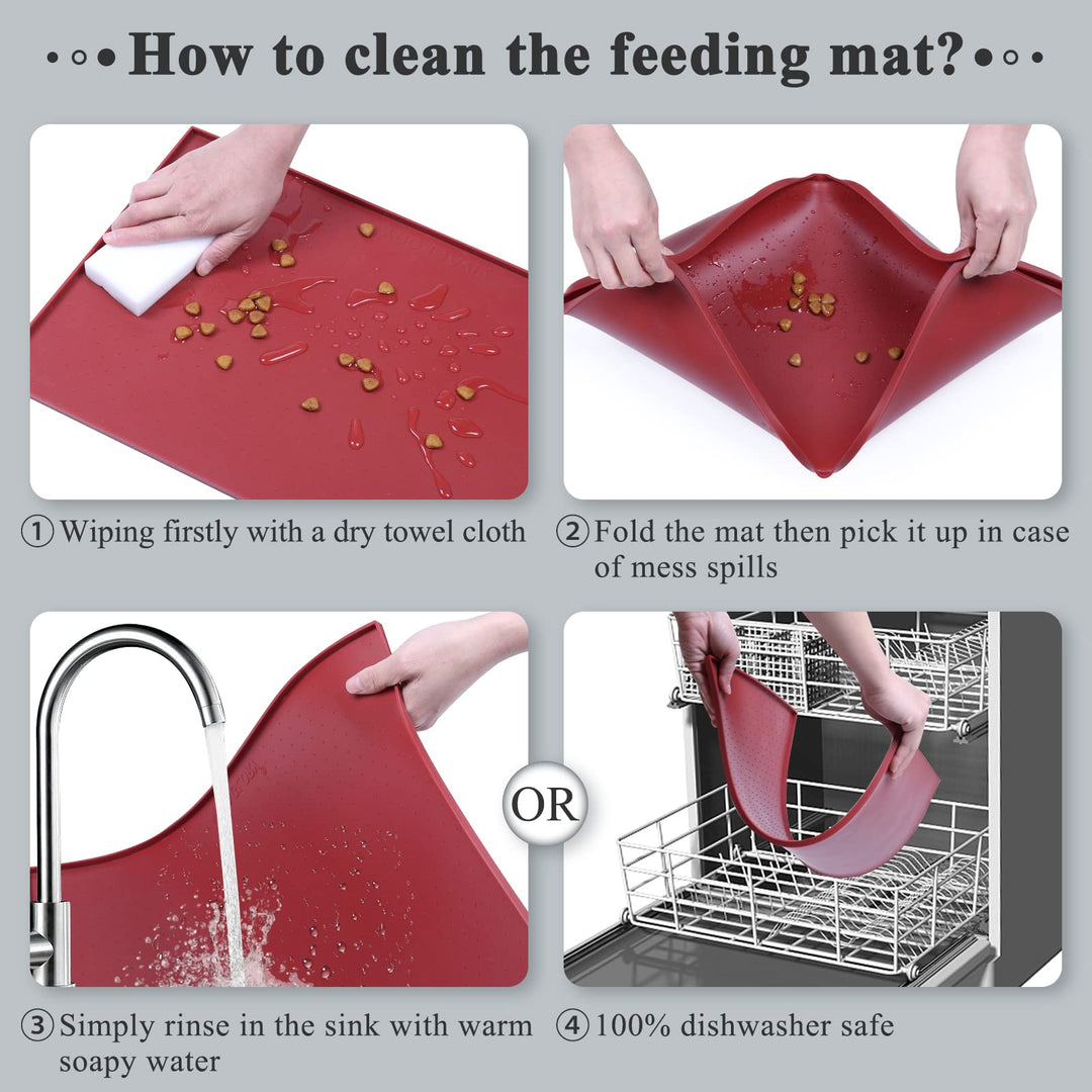 Pet Food Mat Silicone Dog Cat Bowl Mat Non-Stick Food Pad Small 19 x 12 Waterproof FDA Grade Pet Feeding Mat, Burgundy
