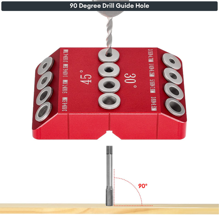 30 45 90 Degree Angle 4 Sizes Drill Hole Guide Jig for Angled and Straight Hole, Portable Deck Cable Railing Lag Screw Drilling Template Block For Horizontal Cable Wood Post,Stair Wire Handrail