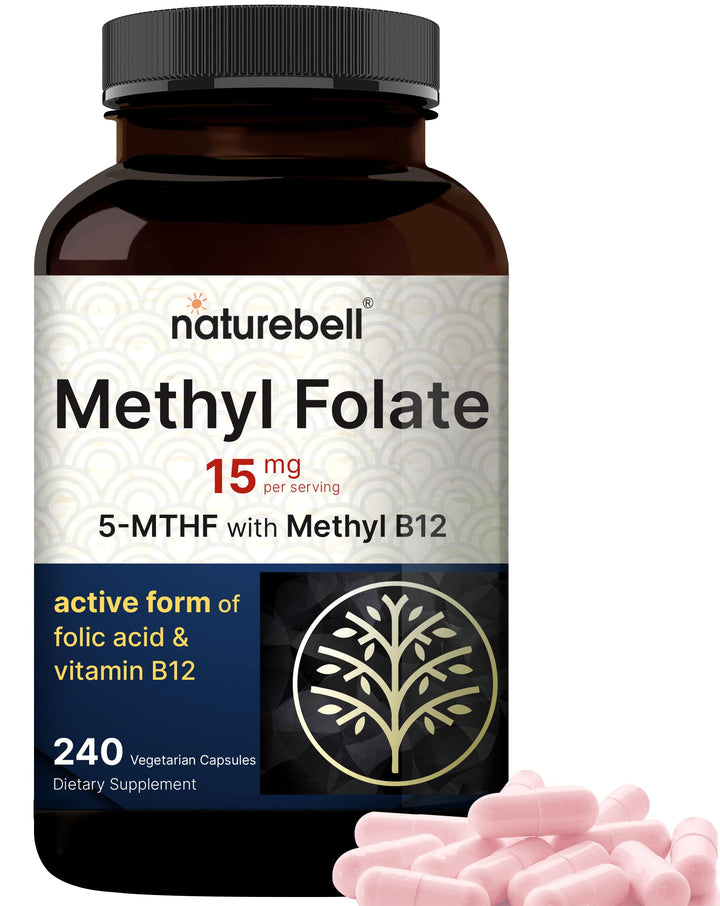 L Methylfolate 15mg, 240 Veggie Capsules | 5-MTHF with Methyl B12 1,000mcg | High Potency Dual Action for Energy & Cognitive Support, Active Folic Acid – Methyl Folate Supplement