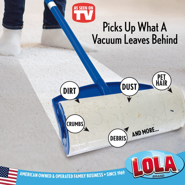 Lola Rola Sticky Mop, Giant Floor Lint Roller, 9 W x 3.5 Dia., Best Pet Hair Remover, Traps Dust, Dirt, Dog and Cat Hair on Carpet, 30 Large Adhesive Sheets - Stickiest on The Market