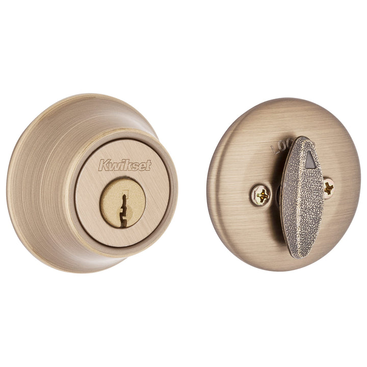 660 Deadbolt Deadbolt Lock, Antique Brass Round Exterior Keyed Front Entry Door, Single Cylinder Dead Bolt, with Microban Protection