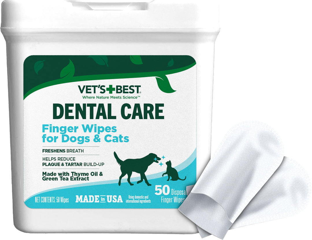 Vet's Best Dental Care Finger Wipes for Dogs, Plaque & Tartar Remover For Teeth, Dog Dental Care Freshens Breath, Teeth Cleaning Finger Wipes for Dogs & Cats, Dog Wipes, Pet Wipes For Cats, 50 Count