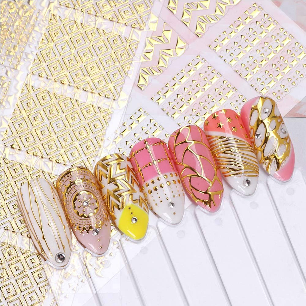 16Sheets 3D Gold Metallic Nail Art Stickers Decals Self-ahesive Geometric Texture Line Mixed Design DIY Decoration Accessories Manicure Tools
