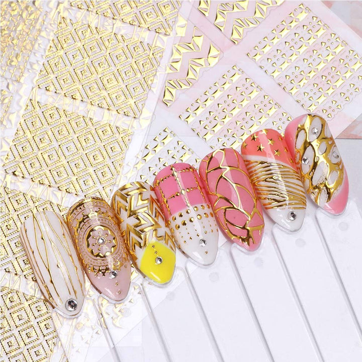 16Sheets 3D Gold Metallic Nail Art Stickers Decals Self-ahesive Geometric Texture Line Mixed Design DIY Decoration Accessories Manicure Tools