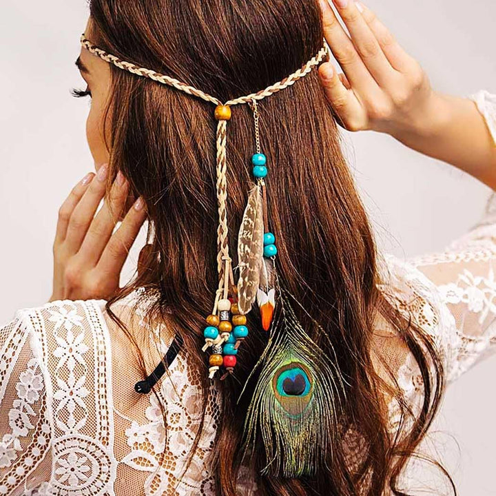 Indian Peacock Feather Headbands Boho Princess Head Chain Bule Adjust Headdress Handmade Rope Hair Accessories for Women and Girls (G)