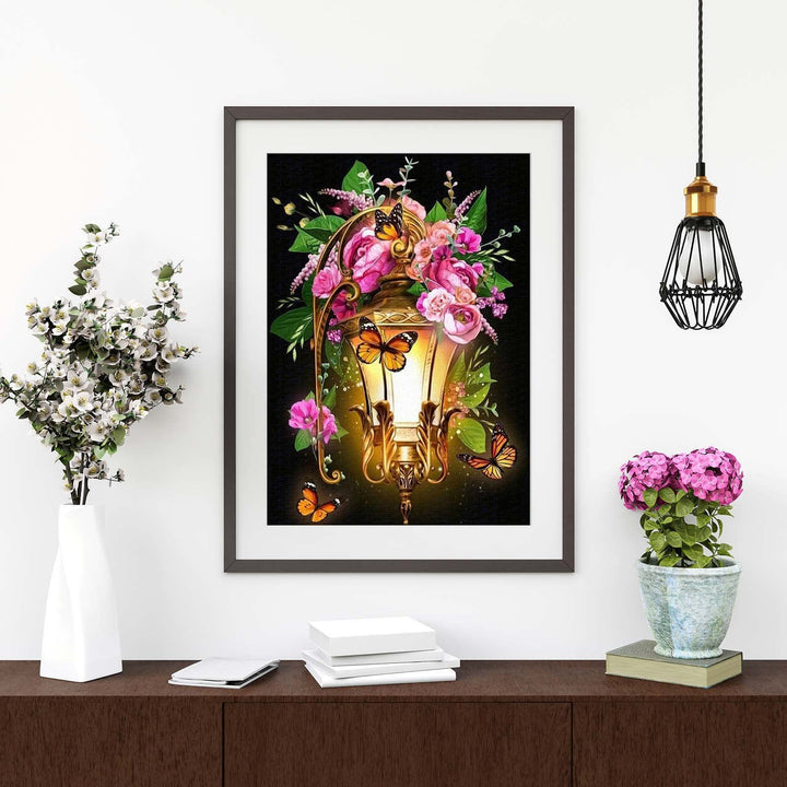 Flowers Diamond Painting Kits for Adults, Round Full Drill Lantern Diamond Art Kits, 5D DIY Butterfly Diamond Painting by Number Kits Flower Gem Beads Art Kits for Home Wall Decor 12x16 Inch