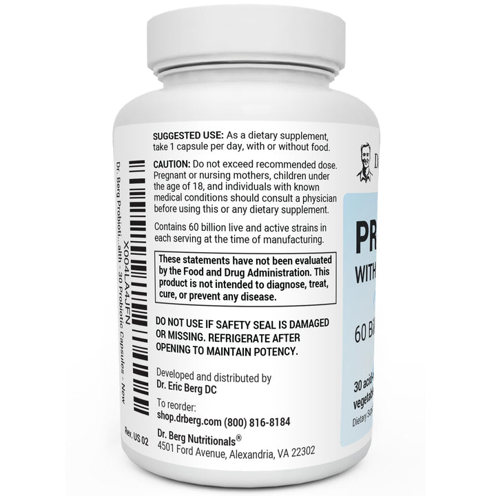 Dr. Berg Probiotic Supplement (60 Billion CFUs) - Helps Ease Occasional Constipation, Diarrhea, Gas & Bloating* - Pre and Probiotics for Digestive Health - 30 Probiotic Capsules