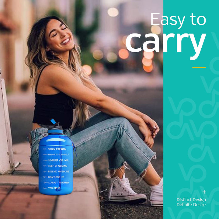 Half Gallon Water Bottle with 2 Lids, Large 64 oz Water Jug with Motivational Time Marker to Ensure You Drink Enough Water-Deep Blue