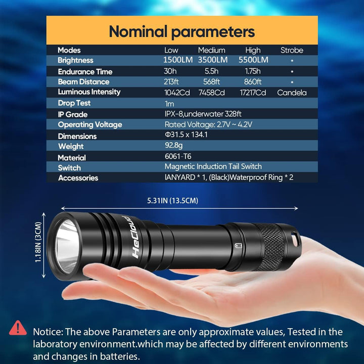 5500LM Scuba Diving Flashlight with Rechargeable Dive Light Scuba Diving Underwater Flashlight 328ft IPX8 Waterproof 4 Modes Scuba Dive Light with Charger for Submarine Deep Sea Snorkeling