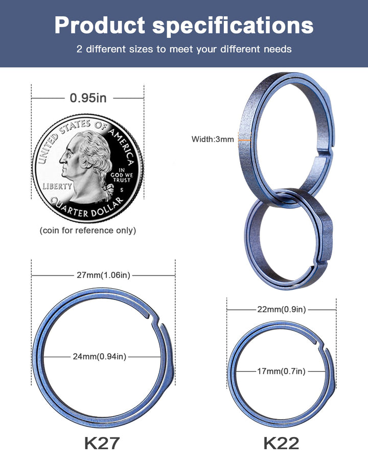 Titanium Key Ring,Elegant Quick Release Side Pushing Split Rings Kit-5Psc for Keychains,Heavy Duty Keyring for Dog Tag(Blue, K27+4K22)