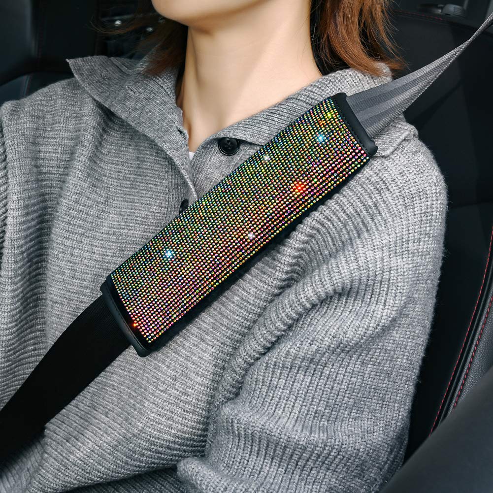 Universal Velvet Seat Belt Shoulder Pads with Bling Rhinestones Car Seat Belt Cover,Crystal Handbrake Cover, Bling Ring Set 4 Pack Set