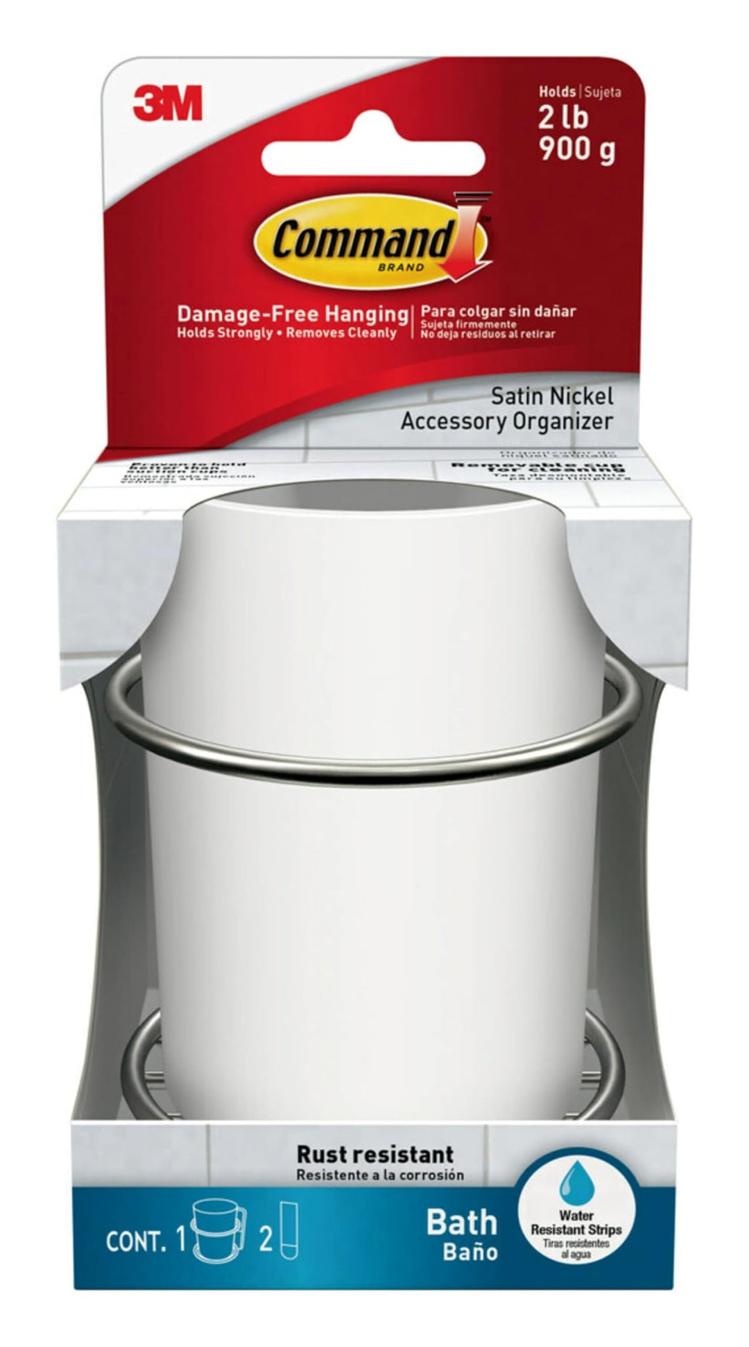 Accessory Organizer, Holds up to 2 lb, 3.36 x 3.78 x 4.4 Organizer with 2 Medium Water-Resistant Strips, Satin Nickel, Damage Free Bathroom Organization